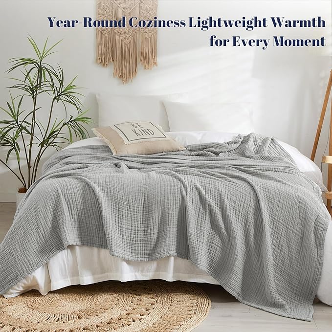 PHF 100% Cotton Muslin Blanket King Size 108"x90", 4-Layer Lightweight Gauze Throw, Breathable Cloud-Soft Minimalist Blanket for Bed, Couch, Camping & Baby, Light Grey, Ideal Gift
