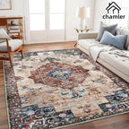 9x12 Washable Area Rug Boho Chic Medallion Distressed Design Non-Shedding Easy Care Ideal for High Traffic Areas in Rugs for Living Room Bedroom Office Coffee Table Large Carpet