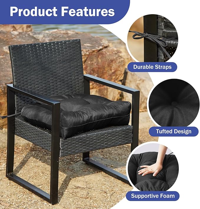 Outdoor Chair Cushions Set of 2, Patio Chair Cushions with Ties, 17x17+4” Tufted Outdoor Seat Cushions, Waterproof Patio Furniture Cushions, Outdoor Dining Chair Pads, Black
