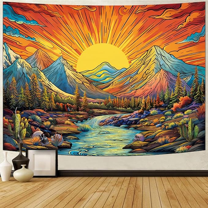 Serborlur Boho Sun Mountain Tapestry Trippy Forest Tree Tapestries Vintage Aesthetic Plant Magical River Wall Tapestry Nature Landscape Wall Hanging for Bedroom Living Room (59.1 × 78.7 inches)