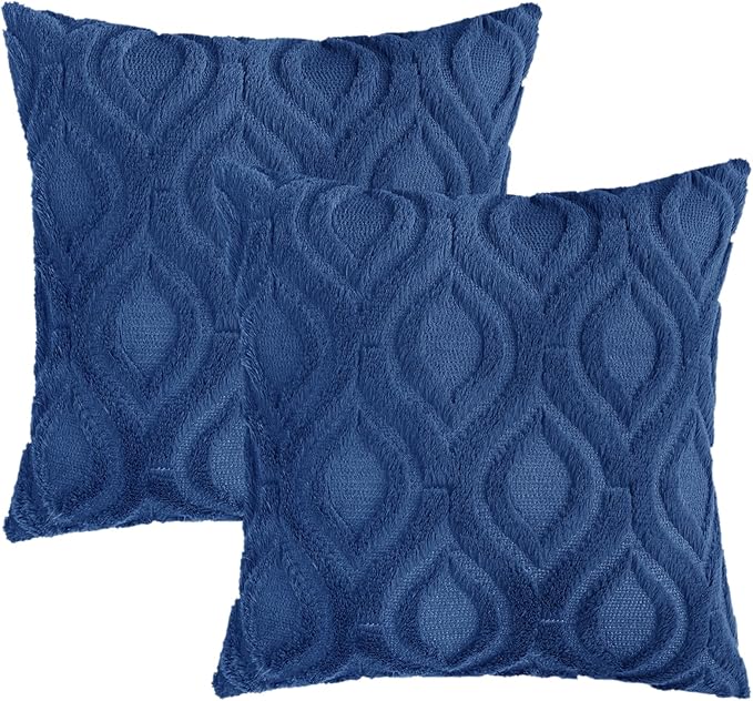 decorUhome Cozy Textured Euro Sham Throw Pillow Covers 24x24 Inch Set of 2, Soft Plush Faux Wool Dark Blue Accent Couch Pillow Covers for Modern Farmhouse Sofa Bed Living Room