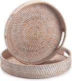 Round Rattan Serving Tray Decorative Woven Ottoman Trays with Handles for Coffee Table White (Small 11.8 inch x 2 inch)