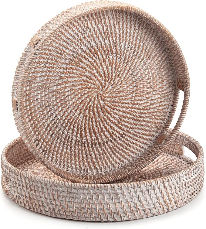 Coffee Table Tray Round Rattan Ottoman Tray Woven Serving Trays with Handles for Home and Kitchen Decorative White (Large 14 inch x 2.4 inch)