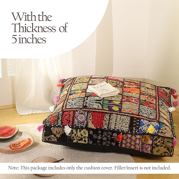 THE ART BOX Cotton Patchwork Vintage Boho Embroidered Floor Pillows & Cushion Cover Dog Pouf Seating Pouf Meditation Pillow Pet Bedding Cat Bed Boho Home Décor (35x35 Inches, Cover Only)