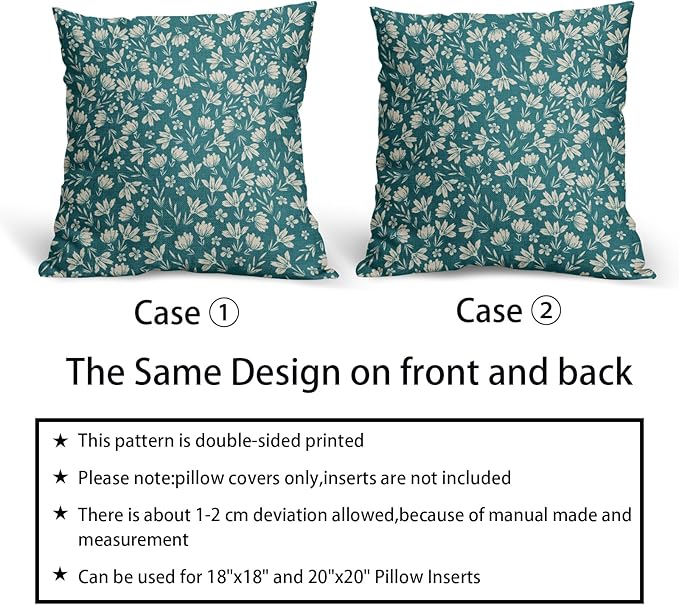 Teal Pillow Covers 20x20 Set of 2 Vintage Floral Rustic Old Style Cute Flower Print Decorative Outdoor Pillowcases Seasonal Farmhouse Throw Cushion Case Decor for Couch Sofa Bed