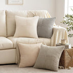 MIULEE Neutral Decorative Throw Pillow Covers 16x16 Inch Set of 4 for Livingroom Couch Sofa Modern Farmhouse Soft Corduroy Cushion Cases Striped Patchwork Home Decor (Cream,Grey)
