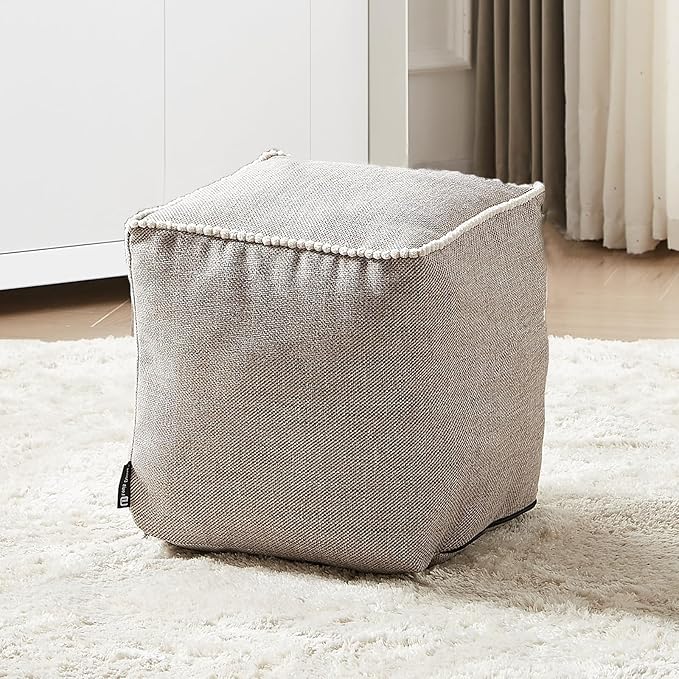 Louis Donné Unstuffed Storage Pouf Ottoman Cover 45x45 Cotton Linen DIY Decorative Footrest for Living Room Bedroom Home Office Replacement (Only Cover)