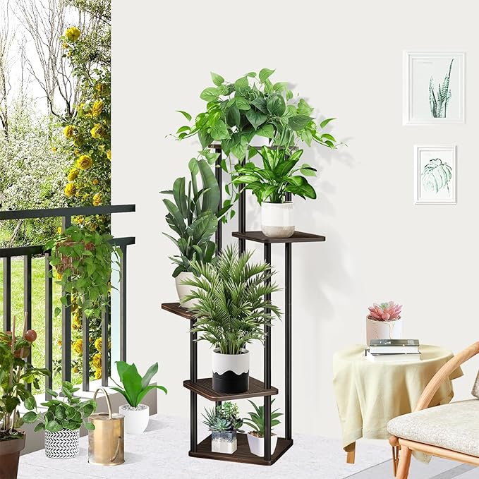 5 Tier Plant Stand Indoor, Thickened Metal Wood Corner Plant Shelf Stands for Multiple Plants, Indoor Tall Plants Stand Tiered Flower Holder for Living Room Patio Garden Balcony(Black+Oak)