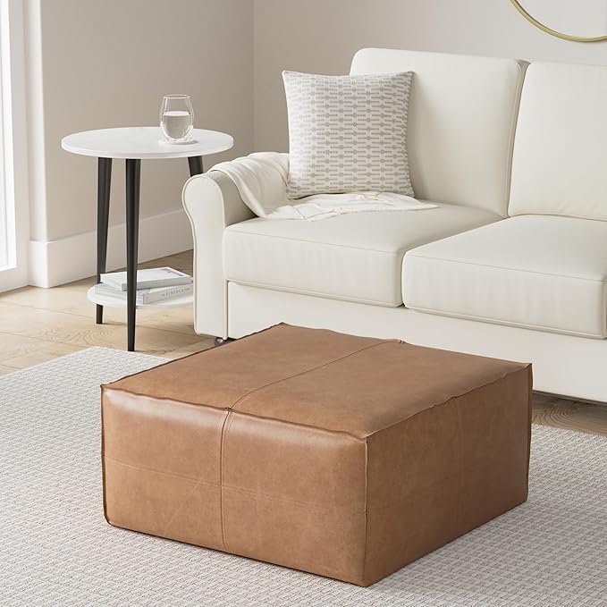 SIMPLIHOME Brody Large Square Coffee Table Pouf - 30 inch Wide Upholstered Vegan Leather Ottoman in Distressed Brown, Boho Footstool, Coffee Table or Extra Seating for Living Room, Assembled