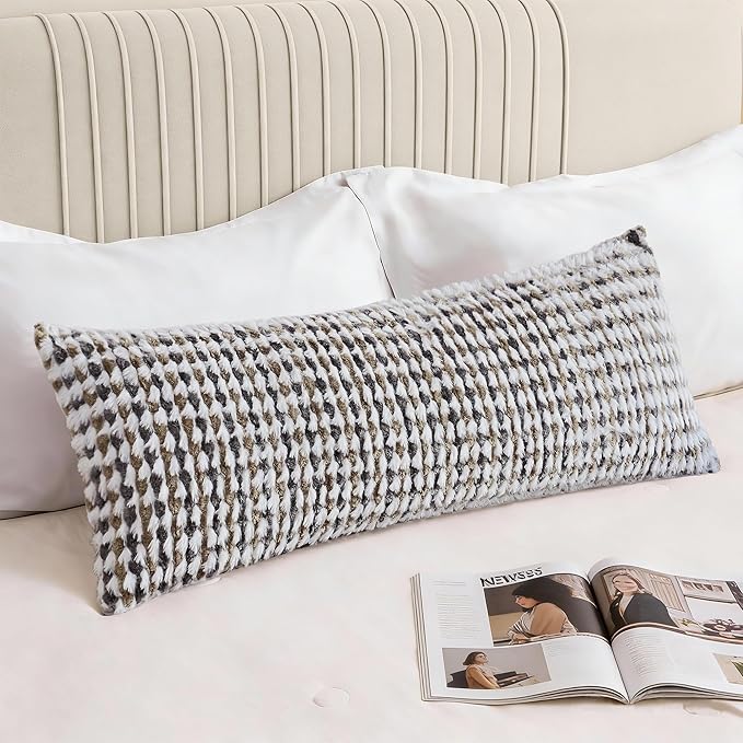 Boho Chenille Tufted Pillow Cover 14x36 Inch Set of 1, Farmhouse Striped Decorative Pillow Covers Accent Fluffy Neutral Long Body Bolster Pillow for Couch Sofa Bedroom Living Room, Brown Gray