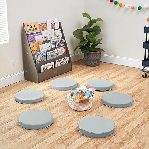ECR4Kids SoftZone Floor Cushions, Round, Flexible Seating, Light Grey, 6-Piece