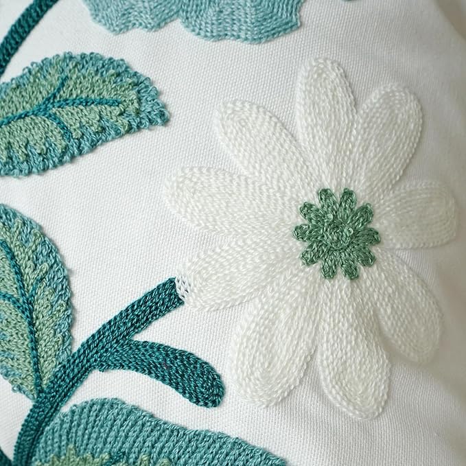 vctops Floral Embroidered Pillow Covers 18x18 Inch Spring Summer Cotton Tufted Throw Pillow Cover Outdoor Garden Cushion Case for Sofa, Bed, Living Room (Flower H,18"x18")
