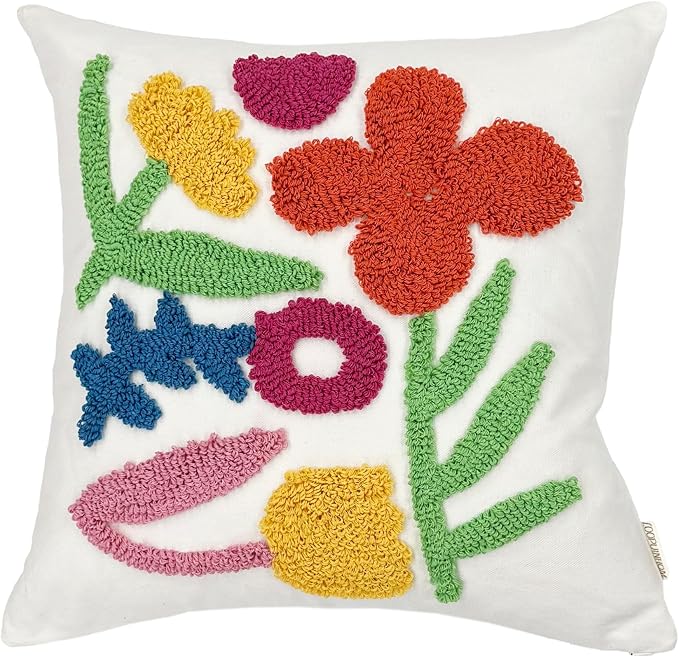 Boho Pillow Covers 18X18 Inch Decorative Bright Color Floral Throw Pillow Covers Tufted Cushion Cover Farmhouse Pillow Case for Couch Sofa Bed Living Room Bedroom, Green/Orange/Pink
