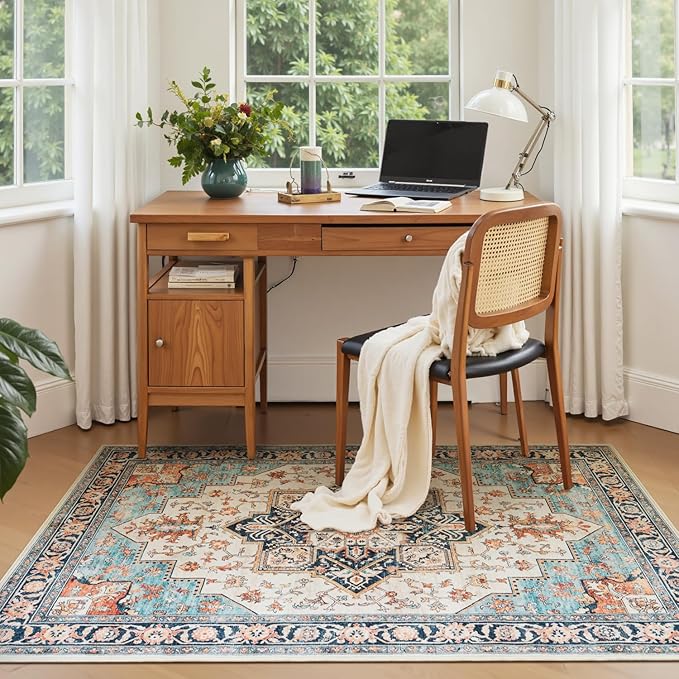 Lessymo 3x5 Washable Area Rugs for Living Room Bedroom Ktichen, Soft Boho Indoor Rug Non Slip, Vintage Carpet Low Pile for Dorm Office Dining Room Kids Room Hallway Entryway Bedside, Orange/Blue