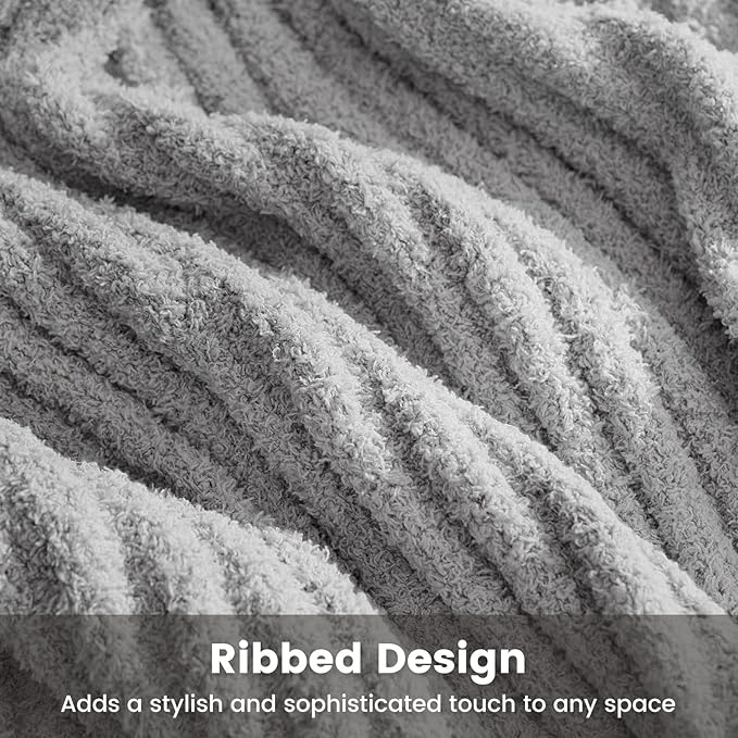 Snuggle Sac Fluffy Ribbed Grey Blanket Twin Size, Soft Luxurious Knit Fuzzy Microfiber Blankets for Couch, Sofa, Bed, Grey, 60x80 inches