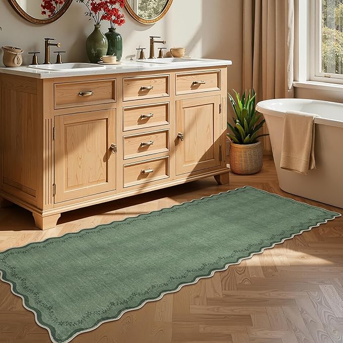 GarveeHome 2.6x10 Scalloped Washable Runner Rug for Kitchen, Soft Dark Green Long Hallway Runner Non Slip Entryway Rug Farmhouse Thin Laundry Mat Stain Resistant Carpet for Bathroom Beside Rug
