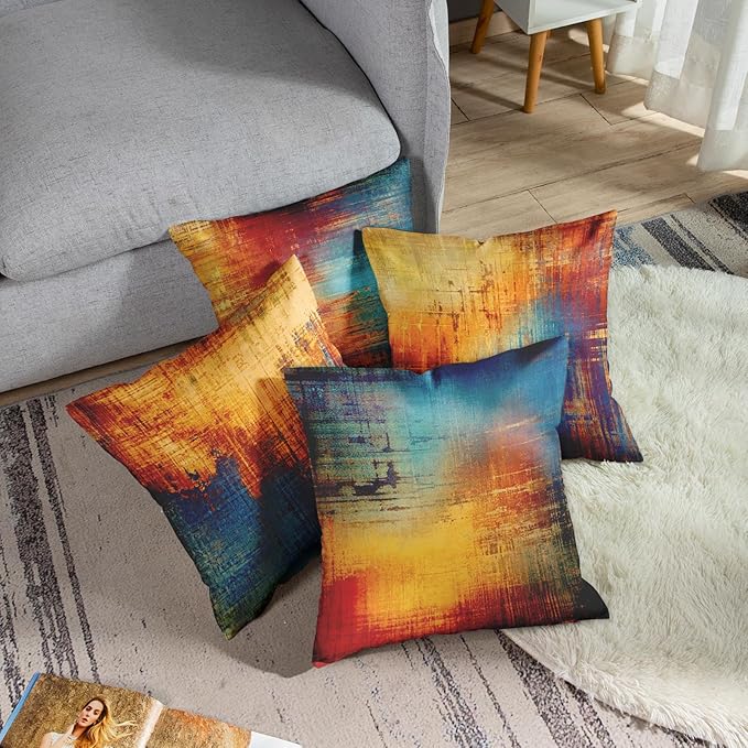 Emvency Set of 4 Throw Pillow Covers Vintage Abstract Blue and Orange Messy Rust Painting Decorative Pillow Cases Home Decor Standard Square 24x24 Inches Pillowcases