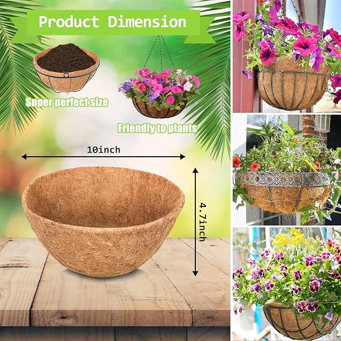 Riare 2 Pack 10 Inch Round Coco Liners Replacement- 100% Natural Coconut Coir Liners for Hanging Baskets, Garden Flower Vegetables Planter Pot, Window Box, Fence, Decks
