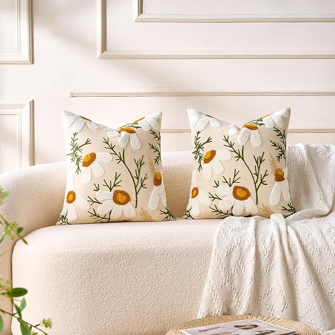 Embroidered Throw Pillow Covers Boho Farmhouse Daisy Tufted Pillow Covers Floral Decorative Couch PillowCases 20x20 Cottagecore Square Cushion Cover Set of 2 for Living Room Couch Sofa Bed Home Decor