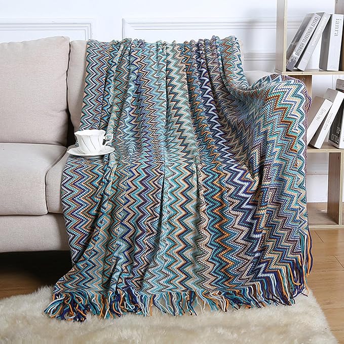 Bohemian Boho Throw Blankets, Knitted with Tassel, Outdoor Reversible Soft Cozy Lightweight Throw Blankets, Couch Bed Sofa Decorative Afghan Throw Blanket All Seasons Blue 50x60 inches
