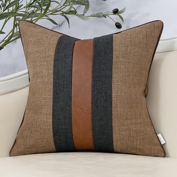 Yangest Patchwork Pillow Cover 18x18 Inch Luxury Cotton and Linen Cushion Cover Faux Leather Pillowcover for Couch Bedroom Living Room, Brown