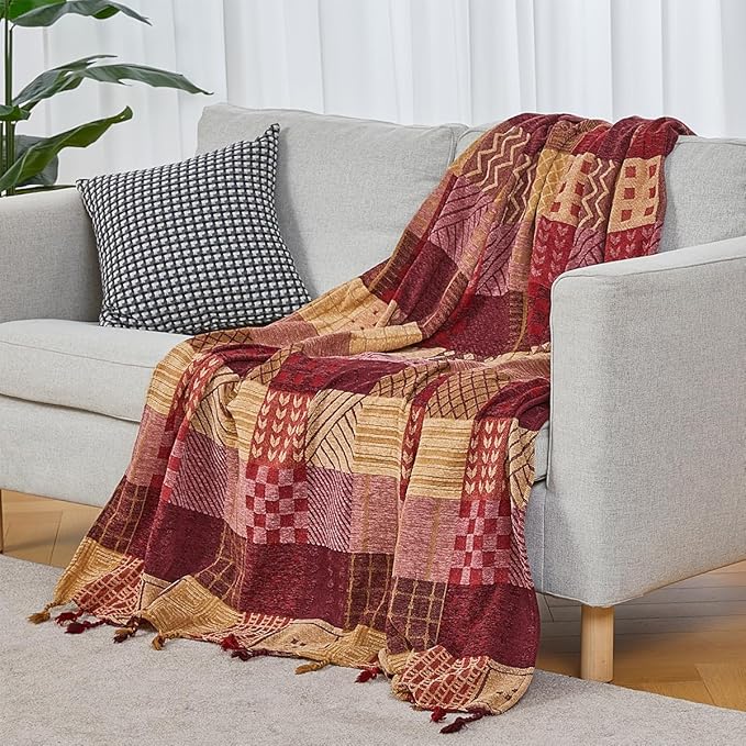 amorus Bohemian Throw Blanket (Red Plaid, 60 x 75 in)