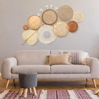 Set of 9 Wall Basket Decor Boho Wall Hanging Decor Rattan Wall Decor Flat Round Wicker Woven Macrame Tassels Tapestry Bamboo Wall Basket Serving Tray Art Handmade Set for Room Bedroom Living Room