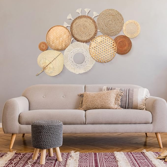 Set of 9 Wall Basket Decor Boho Wall Hanging Decor Rattan Wall Decor Flat Round Wicker Woven Macrame Tassels Tapestry Bamboo Wall Basket Serving Tray Art Handmade Set for Room Bedroom Living Room