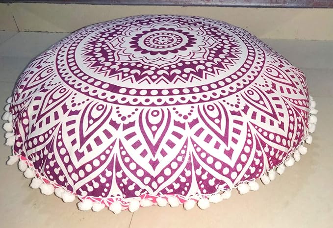 INDIAN CRAFT CASTLE 24" Pink Ombre Mandala Barmeri Large Floor Pillow Cover Cushion Meditation Seating Ottoman Throw Cover Hippie Decorative Zipped Bohemian Pouf Ottoman Pom Pom Cases 24" Round