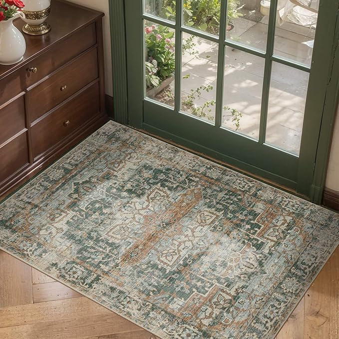 Entryway Rug Door Mat, Washable Samll 2x3 Rug, Green Boho Front Door Mat, Non Slip Area Rugs, Low Pile Throw Accent Entry Carpet for Indoor Entrance, Bathroom and Kitchen(Green 2x3ft)