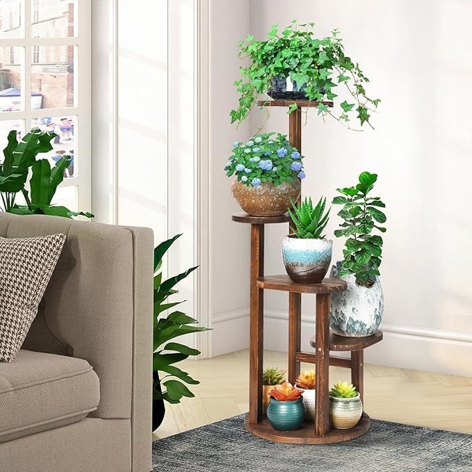 4 Tier Tall Plant Stand Indoor, Wood Corner Plant Shelf for Multiple Plants, Sturdy Oval Tiered Flower Pot Holder Display Rack for Living Room Balcony Patio,Carbonized Wood