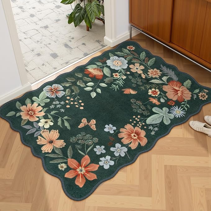 Lahome Floral Green Rugs for Entryway, 2X3 Washable Kitchen Rugs Non Slip Soft Rug, Ultra-Thin Indoor Door Mat Boho Small Throw Carpet for Bathroom Bedroom Flore (2x3ft, Dark Green)