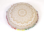 Round Mandala Floor Pillow Cover Seating Cushion Throw Cover Hippie Decorative Bohemian Ottoman Pouf Cover, Pom Pom Pillow Cases,Boho Indian 22 Inches (White Gold)
