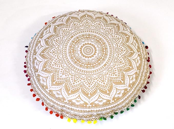 Round Mandala Floor Pillow Cover Seating Cushion Throw Cover Hippie Decorative Bohemian Ottoman Pouf Cover, Pom Pom Pillow Cases,Boho Indian 22 Inches (White Gold)