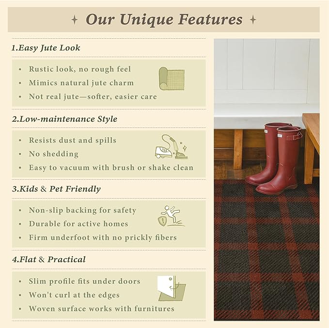 2x6 Front Door Runner for Indoor Entryway - Retro Buffalo Plaid Front Door Mat Indoor Entrance, Non Slip Washable Rug for Kitchen, Bedroom, Washable Easy Jute Red and Black Fall & Holiday Decor