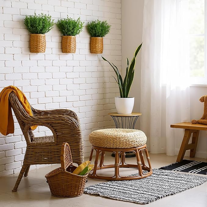 3 Pack Wall Hanging Wicker Basket with Artificial Eucalyptus Farmhouse Woven Storage Organizer Wood Flower Plants Basket Rustic Wall Decor for Porch Living Room Bedroom Entryway