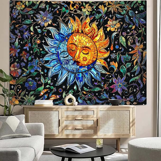 Accnicc Sun and Moon Tapestry Boho Hippie Floral Wall Tapestry for Bedroom Aesthetic Vintage Stained Glass Celestial Plant Small Tapestries Wall Hanging for Living Room Dorm 48 x 36 Inch