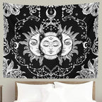 Ftuency Sun and Moon Tapestry Black and White Tapestries Mystic Burning Sun with Star Wall Hanging decor for Bedroom (59.1" W x 59.1" L)