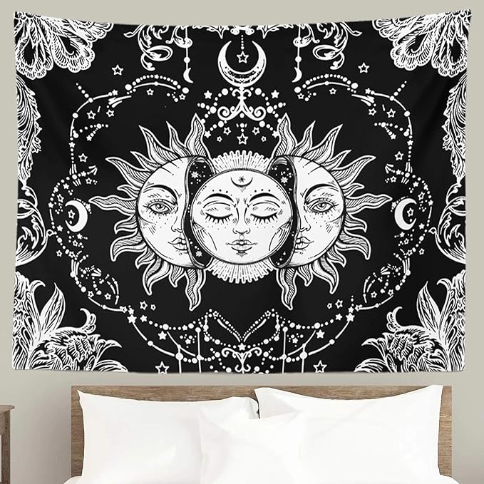 Ftuency Sun and Moon Tapestry Black and White Tapestries Mystic Burning Sun with Star Wall Hanging decor for Bedroom (59.1" W x 59.1" L)