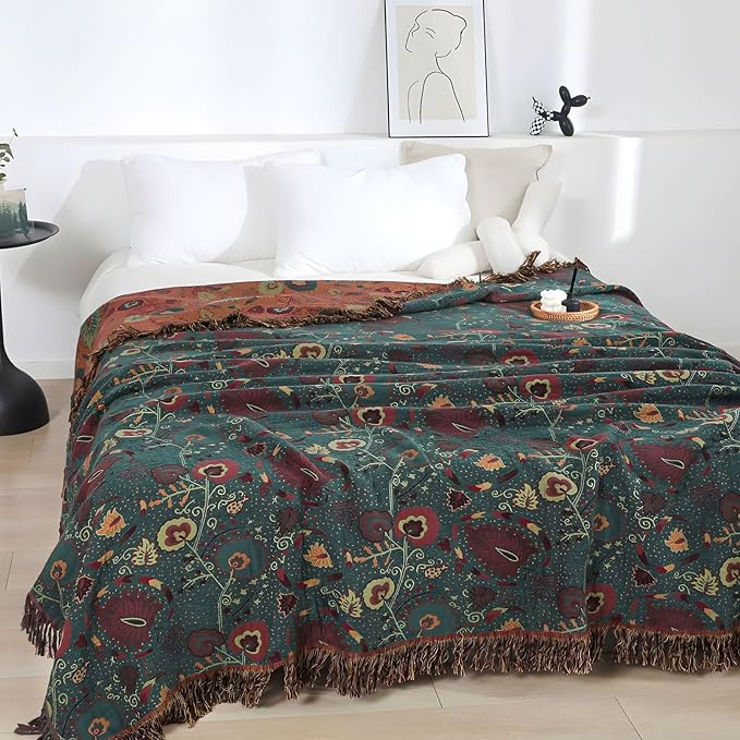 Boho Throw Blanket for Bed - 100% Pure Cotton Ultra Soft Rustic Quilt - Farmhouse Decor Bed Blankets, All Season Rustic Throw for Sofa Couch Chair(50"×60", Boho Floral)