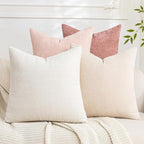 Set of 4 Soft Textured Decorative Throw Pillow Covers 18x18 Inch Cozy Farmhouse Cushion Cover Square Accent Pillow Cases for Bed Couch Sofa Living Room, White Beige Pink