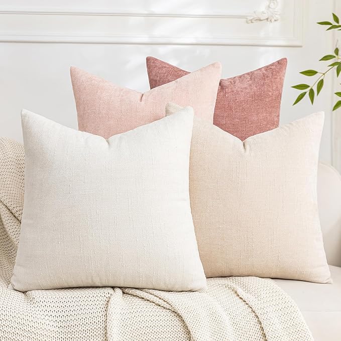 Set of 4 Soft Textured Decorative Throw Pillow Covers 20x20 Inch Cozy Farmhouse Cushion Cover Square Accent Pillow Cases for Bed Couch Sofa Living Room, White Beige Pink