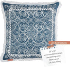 Indigo Ink - Decorative Pillow, Medallion Pillow with Fringe, Throw Pillows for Couch or Bed, Boho Home Decor, 20" x 20" (White Denim Collection, Navy Blue)