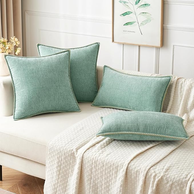 MIULEE Pack of 2 Couch Throw Pillow Covers 20x20 Inch Aqua Green Farmhouse Decorative Pillow Covers with Stitched Edge Soft Chenille Solid Dyed Spring Pillow Covers for Sofa Bed Living Room
