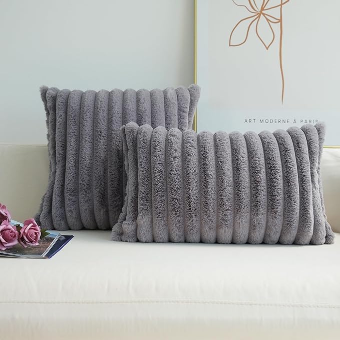JOJUSIS Pack of 2 Faux Fur Plush Decorative Throw Pillow Covers Couch Cushion Case Soft Pillowcases (Grey, 24 x 24-Inch)