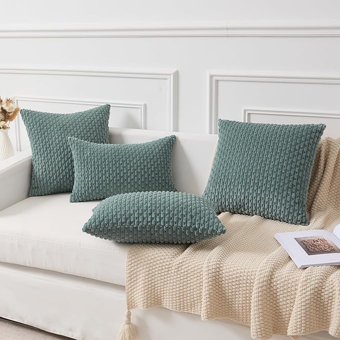 Kevin Textile 14x20 Inch Pillow Cover 1 Pack Boho Decorative Soft Striped Corduroy Lumbar Farmhouse Color Accent Rectangle Cushion Case for Living Room Couch Sofa Bed, Teal Green