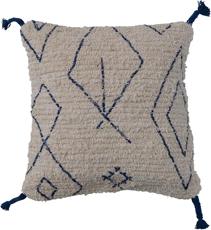 Creative Co-Op Tufted Cotton Pillow Cover with Geometric Pattern and Tassels, Natural and Blue