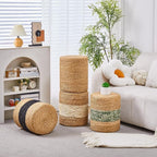 Wimarsbon 2Pcs Pouf Ottomans, Natural Seagrass Foot Stool, Hand Weaving Round Ottoman, Boho Decorative Seat, Jute Braided Pouffe Poof Accent Sitting Footrest for Living Room (White)