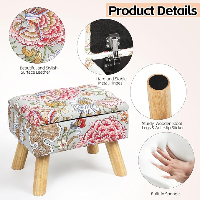 Square Storage Ottoman with Sturdy Wood Legs, Tufted Upholstered Footstool 14.5”L × 10.6”W × 11.4”H Boho Floral Upholstered Storage Footrest, Suitable for Living Room, Bedroom, Couch, Enterway