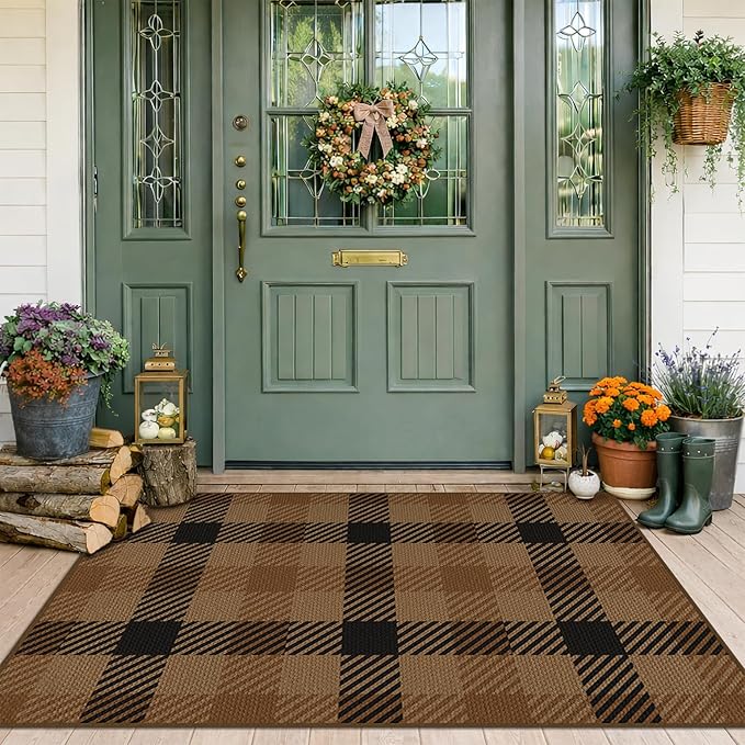 Brown Checkered Rug for Under Door Mat Outdoor - 2'3" x 3'7" (27.5" x 43") Washable Easy Jute Plaid Rug for Entryway, Kitchen, Earthy & Coffee Rustic Accent Neutral Front Porch Décor